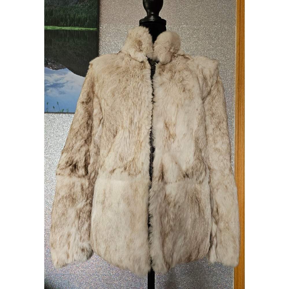 Split End Ltd Vintage RABBIT‎ Fur Jacket Ivory Cream Zip Up Stand Collar Small